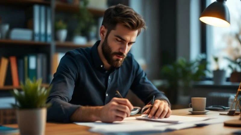 Mann berechnet Foerderbetraege am Schreibtisch in Muelheim