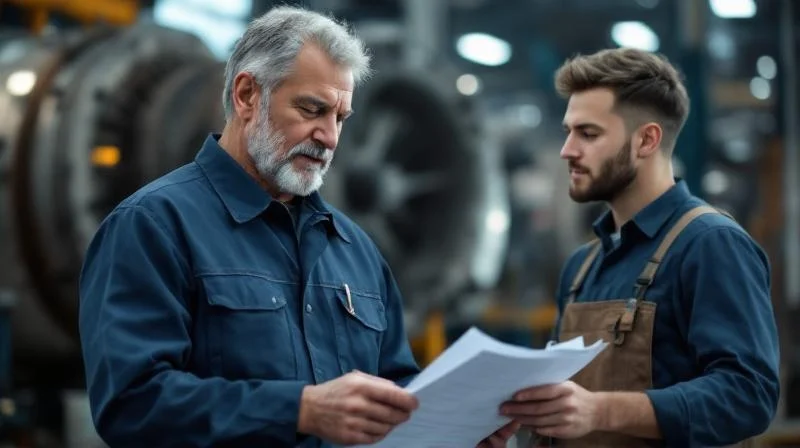 Mülheimer Industriemeister bespricht Ausbildungsplan mit Lehrling im Energietechnik-Werk