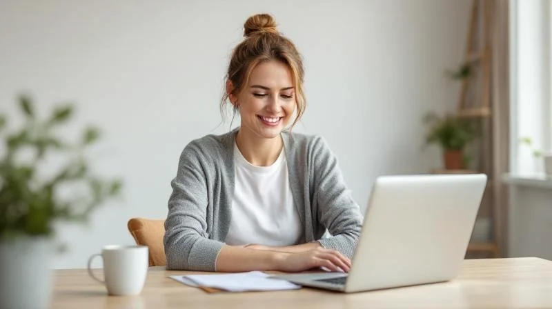 Frau in Muelheim an der Ruhr am Laptop bei einer Online-Weiterbildung