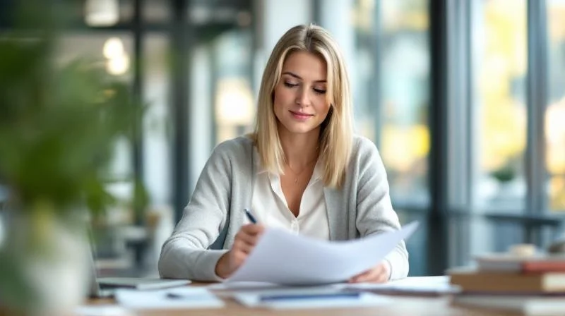 Frau studiert Unterlagen fuer eine IHK-Fortbildung in Muelheim
