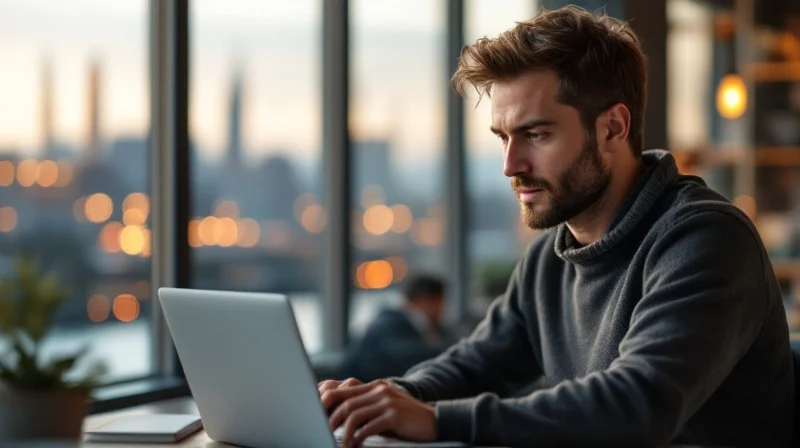 Mülheimer Angestellter im Büro mit Laptop, im Hintergrund Ruhr-Kulisse und Siemens-Energy-Werksgelände