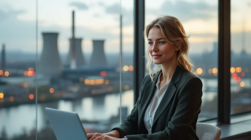 Geschäftsführerin im Mülheimer Büro mit Blick auf die Ruhr und Siemens-Energy-Werksgelände
