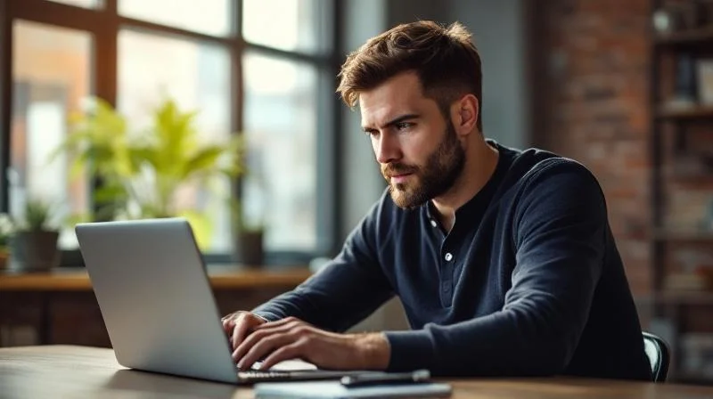 Mann in Muelheim vor einem Laptop bei einer beruflichen Online-Weiterbildung