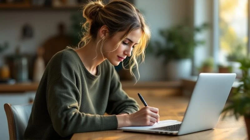 Frau lernt konzentriert am Laptop in einem hellen Wohnzimmer in Muelheim an der Ruhr