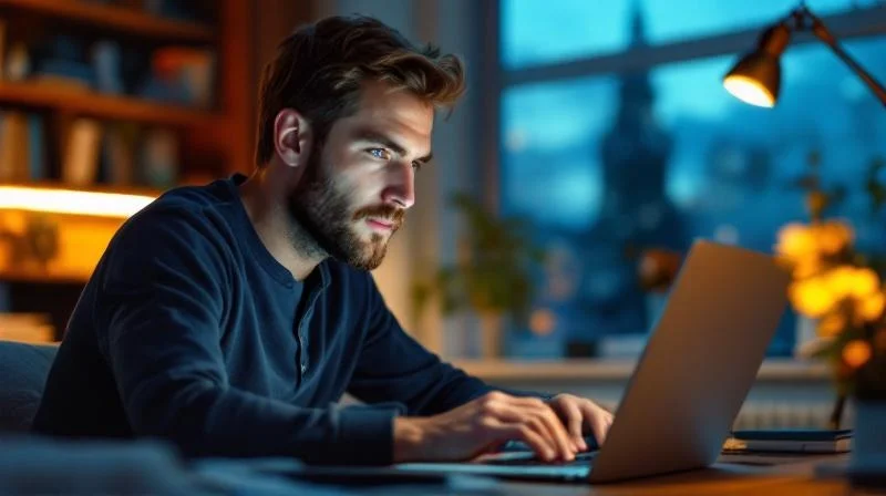 Mann arbeitet abends am Laptop an einer Weiterbildung in Muelheim an der Ruhr